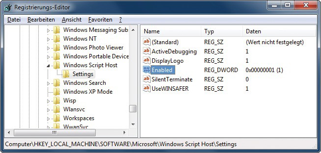 Windows Skript Host aktivieren: Normalerweise ist der Windows Skript Host bereits aktiviert. Andernfalls schaltet ihn dieser Registry-Eingriff ein (Bild 17).