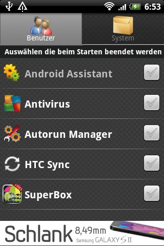 Die automatisch in Android startenden Prozesse teilt Android Assistant in zwei Rubriken ein: „Benutzer“ und „System“ (Bild 2).