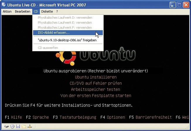 Microsoft Virtual PC 2007: Ein Klick auf „CD, ISO-Abbild erfassen…“ startet einen virtuellen Rechner vom Abbild einer bootfähigen CD oder DVD.