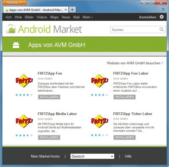 AVM-Apps: Der Android-Market bietet Zugriff auf Fritz App Fon und andere Fritzbox-Tools für Ihr Smartphone (Bild 1).