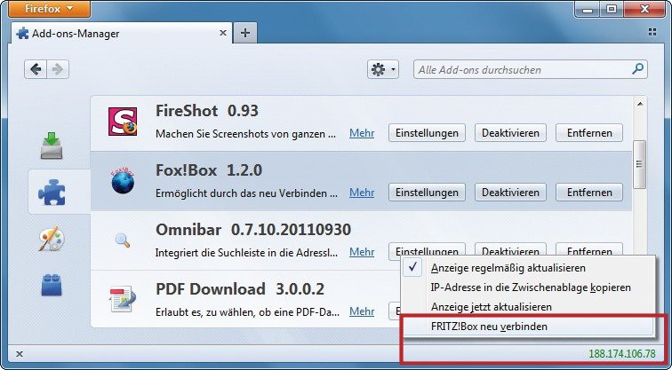 Foxbox: Die Firefox-Erweiterung verschafft der Fritzbox eine neue externe IP-Adresse (Bild 2).