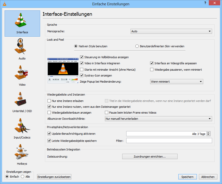 Die Konfiguration des VLC Media Players erreichen Sie über „Extras, Einstellungen“ beziehungsweise mit der Tastenkombination [Strg P].