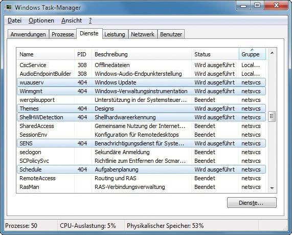 Windows Task-Manager: Die blau hervorgehobenen Dienste stecken hinter der Datei „svchost.exe“. In diesem Beispiel sind es Dienste wie „Windows Update“ und „Aufgabenplanung“ (Bild 1).