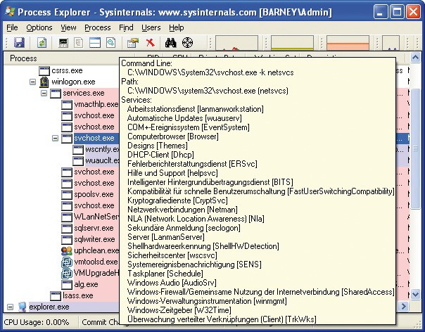 Process Explorer: Das Tool zeigt unter XP alle Dienste einer Instanz der Datei „svchost.exe“ an (Bild 3)
