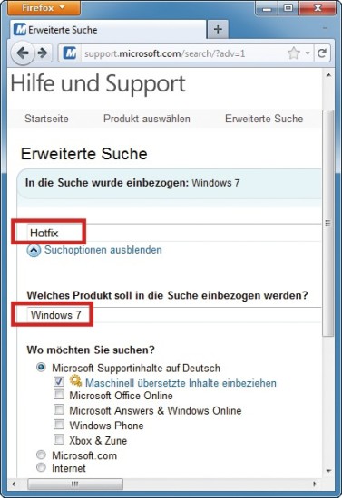 Hotfix finden: Diese Sucheinstellungen finden alle verfügbaren Hotfixes für Windows 7 (Bild 1).