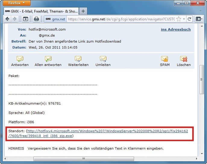 E-Mail von Microsoft: Den Download-Link für einen Hotfix schickt Microsoft per Mail (Bild 3).