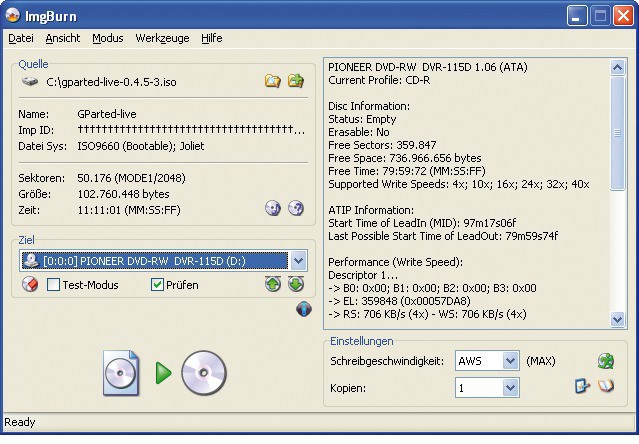 Imgburn: Das Tool brennt das Image der Gparted Live-CD auf eine CD. Damit lässt sich anschließend der Rechner booten und partitionieren (Bild 1).