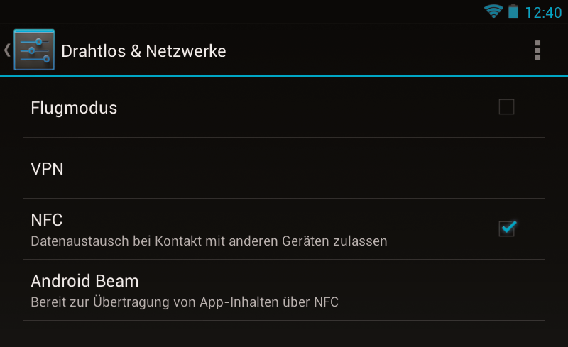 NFC ein- und ausschalten: Die NFC-Unterstützung schalten Sie in den Android-Einstellungen unter „Drahtlos & Netzwerke“ ein und aus.