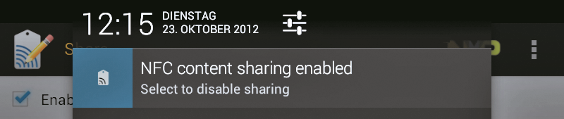 NFC-Verbindung zwischen Android-Geräten: Wenn Sie in der App NFC Tag Writer die Funktion „Share“ aktivieren, dann erscheint in der Statusleiste dieses neue Symbol.