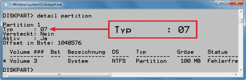 Partitions-Infos: Der Befehl detail partition zeigt unter anderem die ID der Partition an – hier „07“ für eine Partition mit NTFS-Dateisystem.