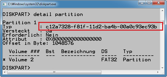 EFI System Partition: Diese Partition erkennt man an der Partitions-ID, die neben „Typ“ angegeben ist. Sie ist in der Regel 100 MByte groß.