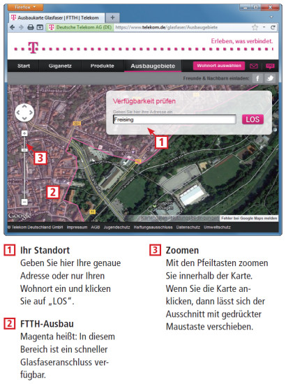 Verfügbarkeits-Check für Glasfaser: Die Deutsche Telekom stellt die FTTH-Abdeckung auf einer Karte dar. Diese Karte finden Sie unter www.telekom.de/glasfaser/ausbaugebiete.