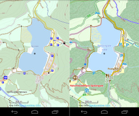 Das verwendete Theme bestimmt, wie Locus Map die Daten aus der Vektorkarte darstellt. Hier sehen Sie links das Theme „andromaps_light“ und rechts das Theme „Elevate_XL“ auf einem Google Nexus 4.