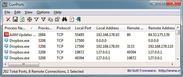 Verbindungen checken: Die Freeware Curr Ports zeigt, dass der Adobe-Updater und Dropbox  Verbindungen ins Internet geöffnet haben