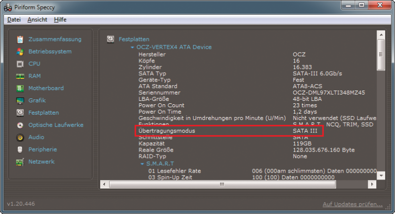 SSD analysieren: Das Tool Speccy 1.20 zeigt, dass die SSD an einer schellen SATA-III-Schnittstelle hängt