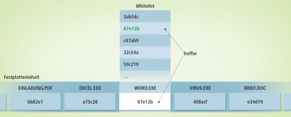 Whitelist: Auch eine Datei, die nicht in der Signaturdatenbank enthalten ist, kann ein Virus sein. Der Scanner sieht zunächst in der Whitelist nach, ob die Datei nachweislich harmlos ist. Dann kann er sich nämlich weitere Untersuchungen der Datei sparen.