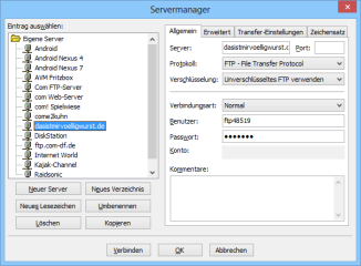 Mit der Tastenkombination [Strg S] rufen Sie den „Servermanager“ auf, um eine neue FTP-Verbindung dauerhaft in Filezilla zu speichern.