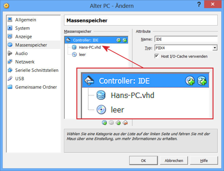 Festplattenkontroller ändern: Fügen Sie die VHD dem IDE-Kontroller hinzu – dann startet Windows ohne Bluescreen.