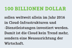 100 Billionen Dollar sollen weltweit allein im Jahr 2016 in Cloud-Infrastrukturen und -Dienstleistungen investiert werden. Damit ist die Cloud kein Trend mehr, sondern eine Neuausrichtung der Wirtschaft. (Quelle: CeBIT)