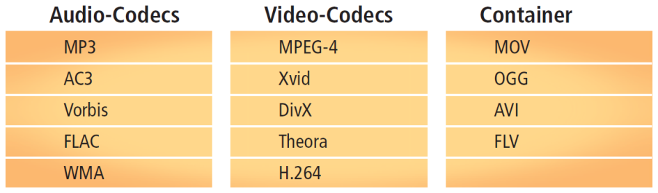 Formate: MOV, OGG, AVI und FLV sind keine Codecs, sondern Container. So kann beispielsweise eine AVI-Datei aus einem Video im MPEG-4-Format und einer Audiodatei im AC3-Format bestehen.