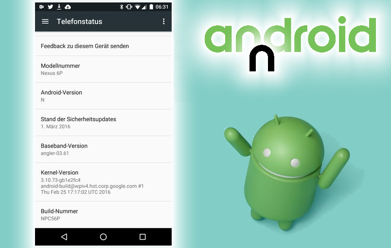 Die About-Informationen des aktuellen Android-N-Builds lauten auf die schlichten Android-Versions-Bezeichnung: "N".