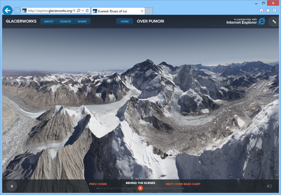 Atemberaubende Videos und Panoramen wie dieses erlauben eine einzigartige digitale Tour durch die Täler und über die Gipfel und umliegenden Gletscher der Everest-Region.