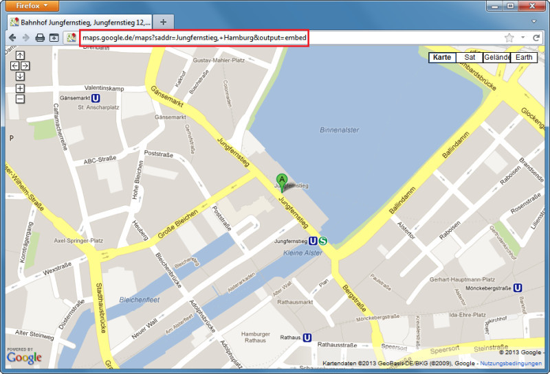 Selbst gebastelte Kurz-URL: Diese kurze Adresse zeigt in Google Maps den Jungfernstieg in Hamburg (saddr=Jungfernstieg,+Hamburg) im Vollbild (output=embed) an