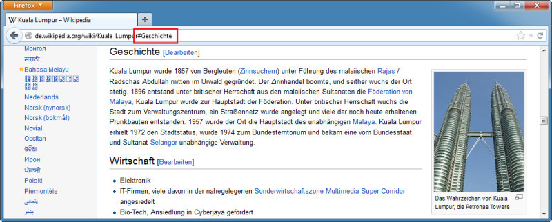 Sprungmarken: Die Webseite Wikipedia nutzt Sprungmarken für das Inhaltsverzeichnis. Hier führte ein Klick auf „Geschichte“ direkt zum entsprechenden Abschnitt