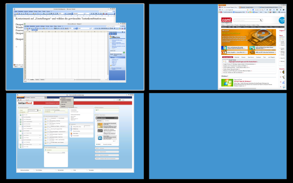 Dexpot stellt zusätzliche Arbeitsflächen für Fenster und Icons bereit. Über die „Vollbildvorschau“, die Sie mit [Windows F3] erreichen, wechseln Sie zwischen diesen virtuellen Desktops.