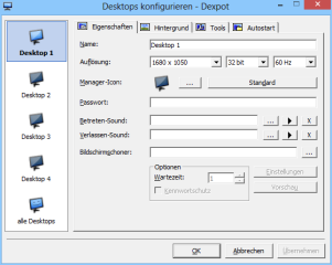Nach einem Rechtsklick auf das Dexpot-Symbol im System-Tray lassen sich mit „Desktops konfigurieren“ beispielsweise verschiedene Hintergrundfarben für die virtuellen Desktops festlegen.