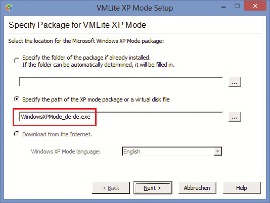 XP-Modus-Paket auswählen: Weil Vmlite den XP-Modus nicht automatisch herunterladen kann, geben Sie hier das Paket an, das Sie vorab manuell bei Microsoft heruntergeladen haben