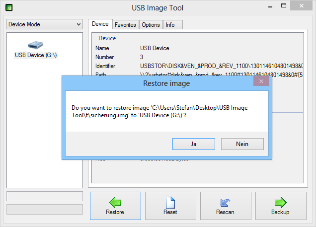 Wenn Sie ein Backup wieder herstellen möchten, dann stecken Sie den Stick ein, starten USB Image Tool, markieren den Stick und klicken Sie auf „Restore“.