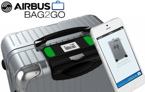 Der intelligente Koffer Bag2Go ist mit einem Funkmodul und einem Display ausgestattet. Der Fluggast gibt in eine Smartphone-App seinen Flugplan ein, der dann automatisch an den Koffer gesendet wird.
