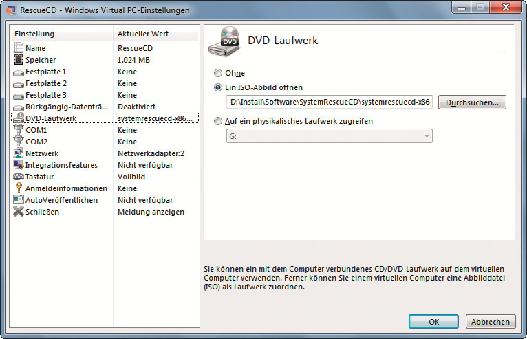Starten Sie die ISO-Datei der Live-CD mit Virtual PC