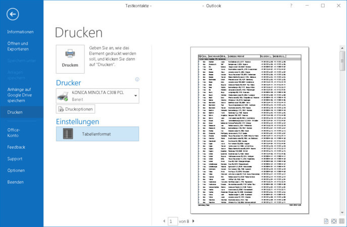 Druckvorschau der Outlook-Kontakte erscheint of im Tabellenformat