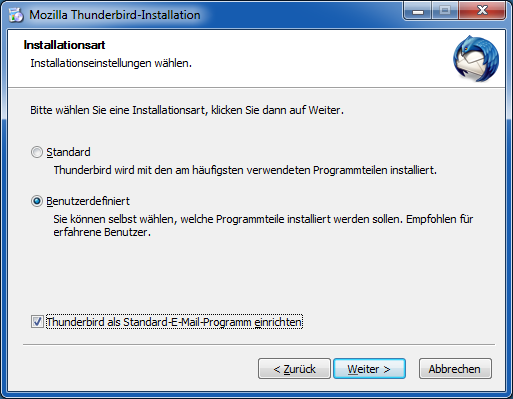 Bei der Installation legen Sie fest, ob Thunderbird als Standard-E-Mail-Client dienen soll