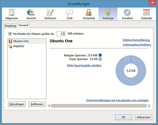 Die Thunderbird-Komponente Filelink verlinkt auf kostenlose Cloud-Anbieter wie Ubuntu One