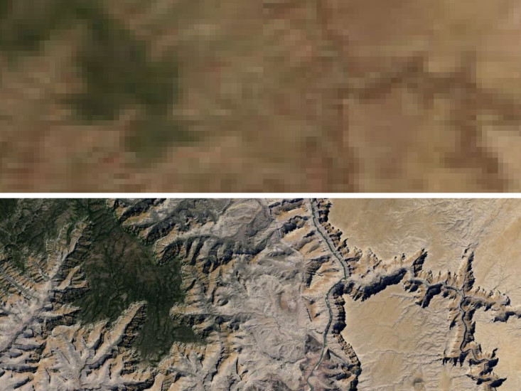 Vorher - Nachher: Das Bild des Grand Canyon zeigt eindrucksvoll, wie sich die Qualität der Satellitenaufnahmen verbessert hat