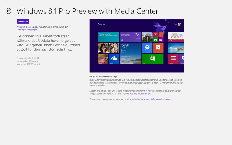 Download starten: Nach der Installation des Updates von der Webseite erscheint die Windows 8.1 Preview im Windows Store