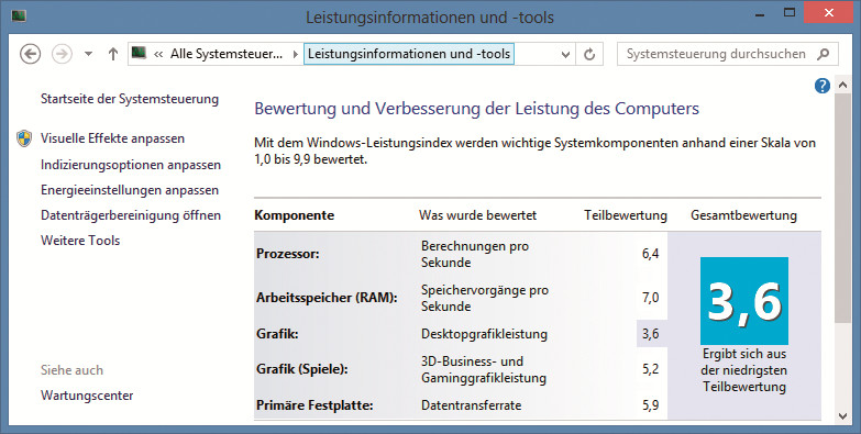Der Windows-Leistungsindex liefert objektive Informationen für den Vergleich