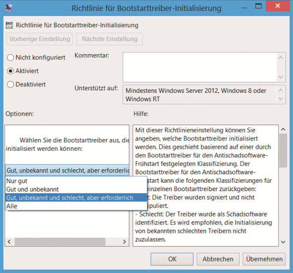 Virenschutz beim PC-Start: Im Gruppenrichtlinien-Editor von Windows 8 können Sie das Verhalten des ELAM-Treibers individuell konfigurieren