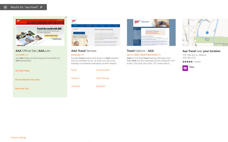 Werbung in Suchergebnissen: So könnten Anzeigen in den Suchergebnissen in Windows 8.1 aussehen. Die Anzeige ganz links ist farblich hervorgehoben und klein mit dem Wort  „Werbung“ gekennzeichnet