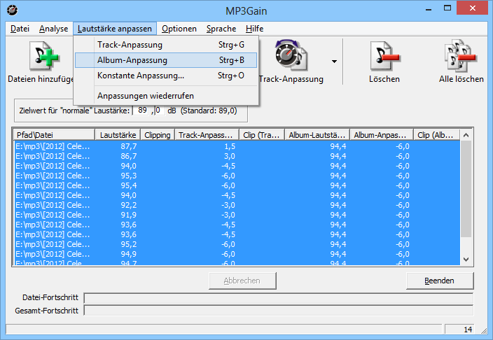 MP3Gain bietet zwei Modi für Lautstärke-Anpassungen: Der Track-Modus berechnet jedes Lied einzeln und im Album-Modus passt das Tool nur die Gesamtlautstärke des Albums an. Lautstärkeunterschiede der MP3-Songs eines Albums bleiben im Album-Modus erhalten.